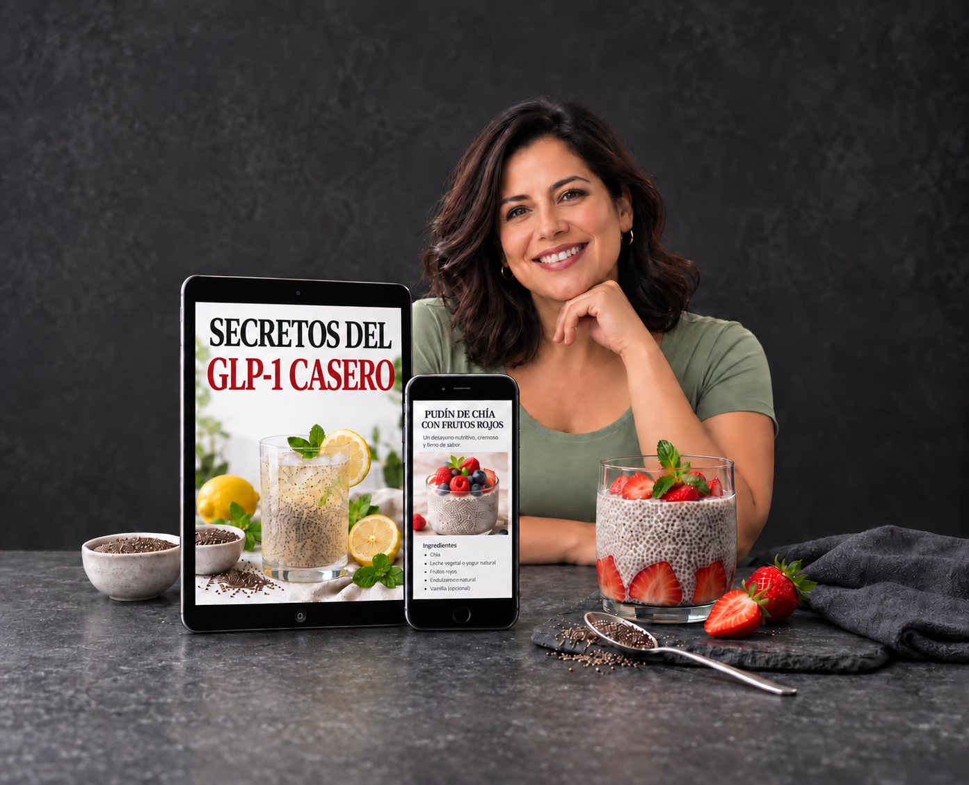 Secretos del GLP-1 casero en tablet y celular junto a un vaso de pudín de chía con fresas